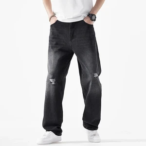 Street Wear Washed Denim Jeans Trousers Fashion Stylish Outdoor Distressed Wide Leg Pants Straight Men's Denim Jeans
