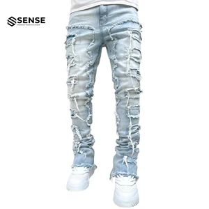 Custom Men Jeans Manufacturer High Street Hip Hop Heavy Distressing Stacked Flare Jeans Men