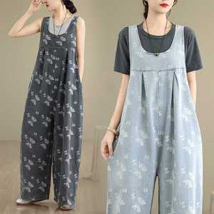 Y2142 Wholesale Summer New Retro Printed Loose Denim Overalls Jumpsuit