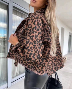 Women's Sustainable Denim Coats and Jackets With Collared Leopard Print and Fray Hem Button Style
