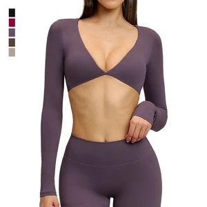 Women's Yoga Crop Top Long Sleeve V-Neck Breathable Quick Dry Four-Way Stretch Lightweight Activewear for Gym Workout