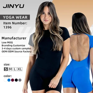 Custom Fitness Yoga Bodysuit Women's Short Sleeve Backless Sports Jumpsuit High Compression Seamless Gym Romper