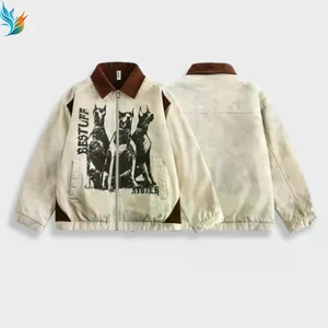 Vintage Dirty Wash Doberman Print Lapel Cotton Jacket For Men High Street Warm Workwear Cotton Plus Size Jacket