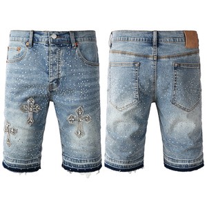 High Quality Jeans Denim Shorts Jorts Jeans Men Casual Streetwear Jean Shorts Custom With Rhinestones