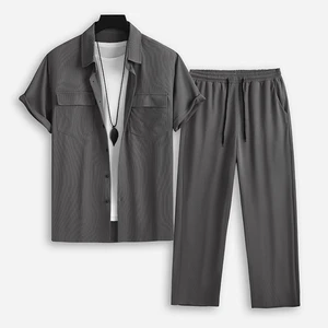 Custom Design Men's Summer Stylish Casual Two Piece Suit Single Breasted Textured Suit Including Pants and Shirt
