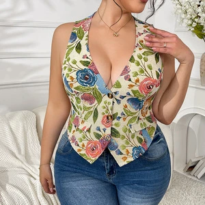 Large Size Women's Retro Printed Sexy V-neck Vest From Europe and America, New French Floral Versatile Sleeveless Top