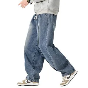 Oem Custom Men's Baggy Pleated Denim Pants Vintage Washed Loose Wide-Leg Jeans for Streetwear
