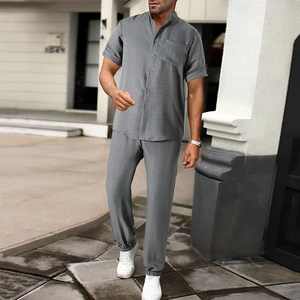 Men's Smart Casual 2-Piece Daily Commuting Suit Stand-Up Collar Three-Quarter Sleeve Shirt Trousers Fashionable Style 100%