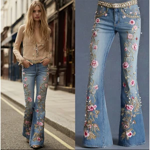 2026 European & American New 3D Digital Printed Women's Fashion Elegant Eye-Catching Slimming Flare Jeans, Custom OEM/ODM