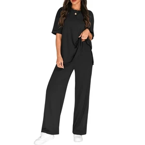 Summer Plus Size Casual Corduroy Women's Two-Piece Set with Elastic Waist and Handmade Front Logo