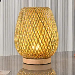 Modern Natural Operated Bedroom Bedside Night Light Bamboo Weaving Table Lamp Handmade Natural Wooden Simple
