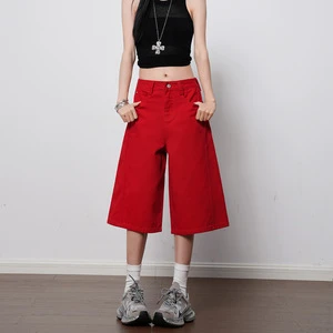 Vintage Pure Color Baggy Culottes for Women Streetwear Retro Style Mid Waisted Loose Fit Casual Denim Capri Pants