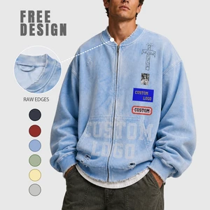 Vintage Acid Wash Streetwear Zip Up Jacket Men Oversized Heavyweight Cotton Sweatshirt Distressed Grunge Varsity Bomber Hoodie