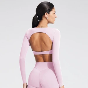 Women Hollow Out Back Yoga Top Long Sleeve Padded Breathable Stretch Fitness Gym Crop Activewear
