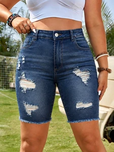 Plus Size Women's Trendy Summer Straight Jeans Breathable Mid-Waist Denim Shorts Washed Technique Color for Casual Streetwear