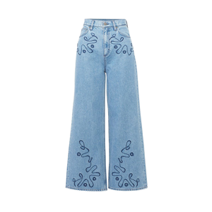 Women's High Waist Loose Wide Leg Jeans Spring Summer Fashion Elegant Lace Detail Nylon Cotton Denim