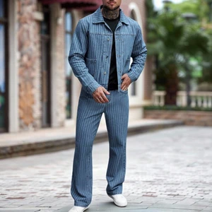 Customized High Quality Winter Casual Men's Denim Jacket and Flared Pants Set Button-Up Jacket with Chest Pockets