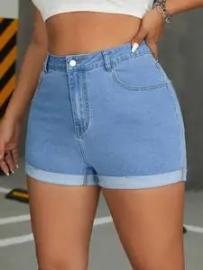 Plus Size Jeans Women's Summer Casual High Waist Stretch Denim Shorts Skinny Fit Comfortable Fashionable Side Pockets Washed