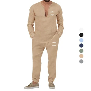 Tracksuit US Size Custom Logo Linen Men Long Sleeve Pullover Tops Pants Fashion 2 Pieces Casual Leisure Sports Jogger Suit Set