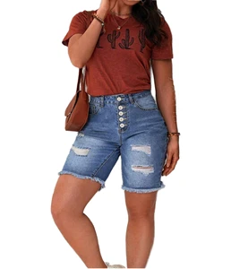 Women's Plus Size High Waisted Ripped Denim Shorts Hot Summer Straight Style Stretch Slim Washed Technique Free Shipping USA