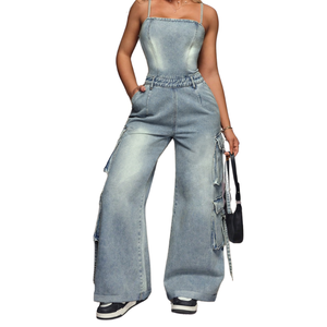 Women's Elegant Loose Fit Acid Wash Jeans Plus Size Backless Denim Jumpsuit with Wide Leg for Party Dress