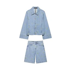 PB&ZA Summer Women's Suit: Embroidered Floral Denim Jacket 7147032, High-Waisted Casual Shorts 7147035