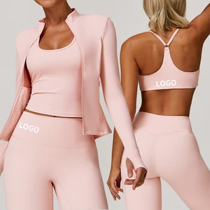 2026 Hot Sale 3 Piece Yoga Set Women Workout Outfits Seamless Gym Wear High Waist Leggings And Sport Jacket Set