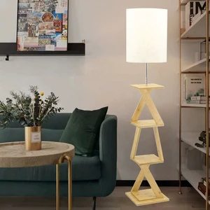 Multicolored Shade Living Room Decor Wood Storage Floor Lamp Modern Bamboo Natural Style Standing Floor Lamp with Book Shelf