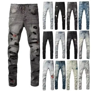 Heavyweight Men's Jean Slim Fit Streetwear Straight Pants with Hole Distressed Washed Mid Straight Wash Trouser Design Jeans