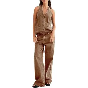 Fisoew Women's 100% Cotton Denim Washable Set Button Down Backless Tank Top Wide Leg Jeans 2 Piece Outfit Suit