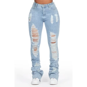 Light Wash Breathable Y2K Distressed Super Stacked Denim Straight Bottoms Worn-out Waxed Acid Wash Raw Hem High Waist Skinny Cut