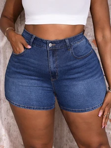 Custom Plus Size Blue Denim Shorts, Casual Skinny Stretch Shorts Summer Vacation Cowgirl Western Wear