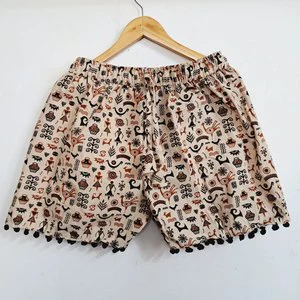 Women's Loose Boho Bohemian Ajrakh Vegetable Cotton Cargo Bermuda Shorts Lace One Side Pocket Drawstring Elastic Waist