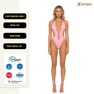 A&J Custom Logo OEM ODM Manufacturer Wholesale Private Label Deep V Halter Cutout Monokini One Piece Swimsuit Women OEKO-TEX GRS