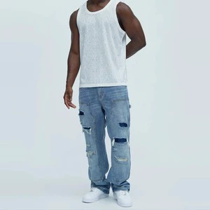 Custom Logo Breathable Washable Vintage Straight Wide Leg Plus Size Men's Denim Jeans with Button Detail