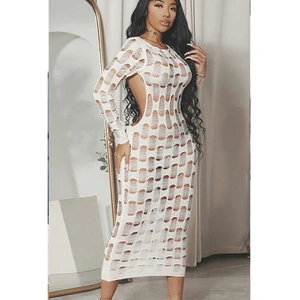 Semi Sheer Beach Dress Long Sleeve Beachwear Crochet Beach Cover up Beach Wear Women