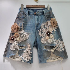 Wholesale Summer 2026 New Fashion Casual Elegant Lace Splicing Ripped Rhinestone Denim Shorts Women's Jeans