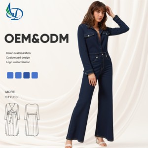 Chic Formal Retro-Inspired Women's Denim Belted Jumpsuit with Contrast Stitching High-Waisted Skinny Fit for Outings