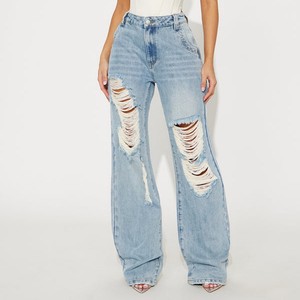 No RTS Custom Loose Casual Summer Denim Ripped Solid Blue Oversized Light Blue Washed Distressed Women's Jeans