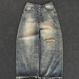 Casual Distressed Washed Denim Scimitar Pants for Men Street Punk Design Loose Fit Wide Leg Patchwork Baggy Jeans