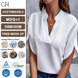 Summer Women's Casual Solid Color V Neck Loose Knitted Eco-Friendly Blouse Shirt Top Soft Breathable Lightweight Basic T-shirts