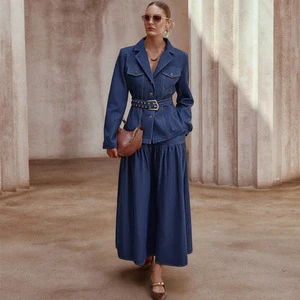 Trendy Denim Skirt Set Women Suit V-neck Jacket and A-line Maxi Denim Skirt Set Two Piece Ladies Office Wear with Belt