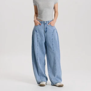 Women Light Blue Wide Leg Denim Jeans Mid Rise Loose Fit Vintage Style Trendy Streetwear Dark Stonewashed Pants