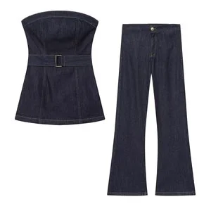 Set Women's 2025 new two-piece casual fashion belt decorative denim tube top+retro women's high waist denim wide-leg pants suit
