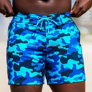 Men's Summer Casual Beach Shorts 4 Way Stretch Polyester Board Trunks Quick Dry Camo Print Swimwear 3 Inch Swimwear