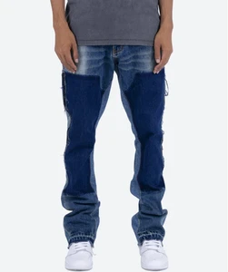 Yinope New Design Fashion Custom Men's Blue Wash Lace Waxed Hem Button Trims Stacked Flare/Skinny Fit Denim Jeans