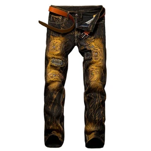 European American Men's Straight Jeans Yellow Horse Embroidered Denim Pants Mid Breathable Solid Long Pants for Summer Autumn