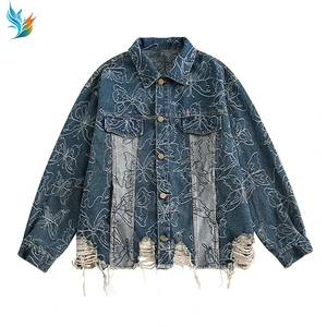 Men's Oversized Embroidery Denim Jacket Distressed Hem Patchwork Streetwear Casual Loose Fit Button-Up Jean Jacket For Daily