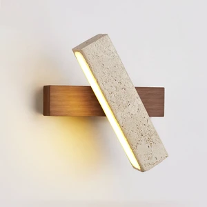 Midcentury Travertine Wall Light Wood Base & Rotatable Stone Bar Warm Light Decorative Bedroom Lighting