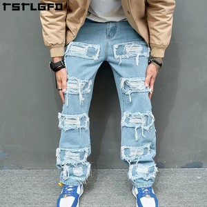 High Quality Fashion Custom Ripped Stacked Denim Jeans Men Trend Loose Style Jean Vintage Straight-leg Denim Pants for Men